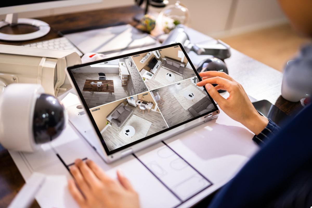 A person examines security camera footage on a tablet, ensuring safety and monitoring surroundings effectively.